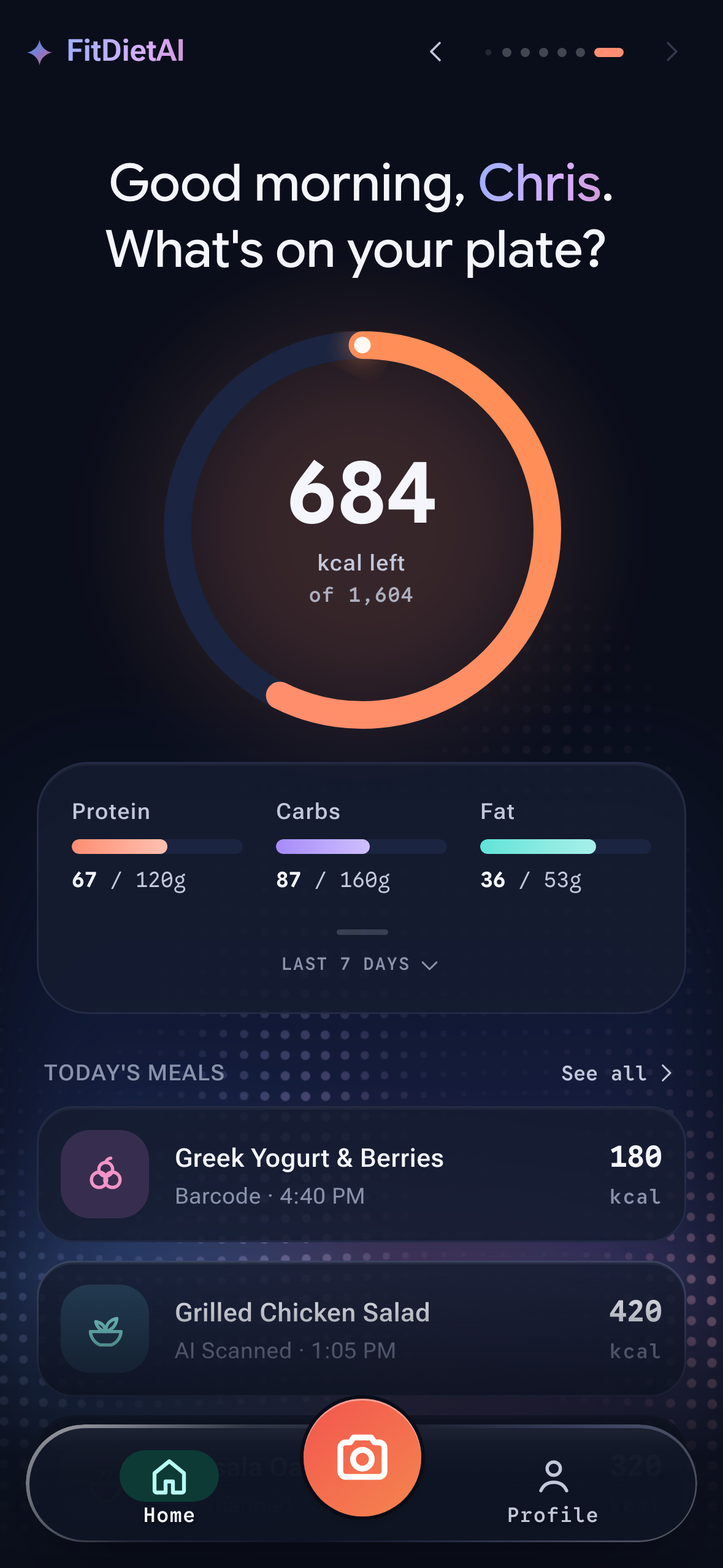 FitDietAI home screen showing the calorie ring, macro breakdown, and today's meals
