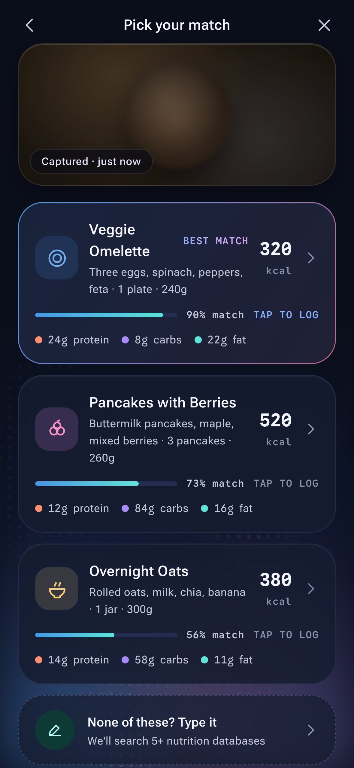 FitDietAI results screen showing three AI-matched food options with calories and macros