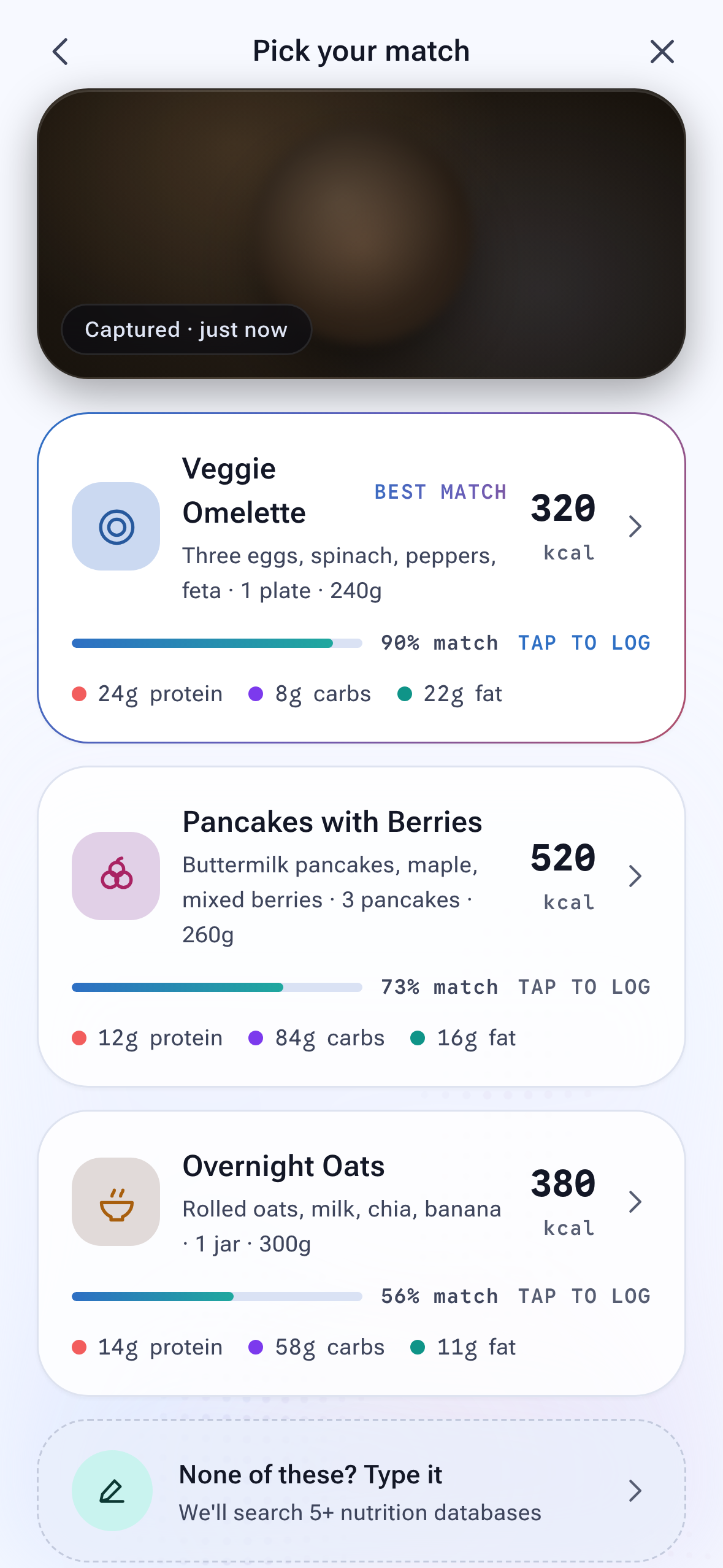 FitDietAI scan results screen showing AI-detected meal matches with calories and macros
